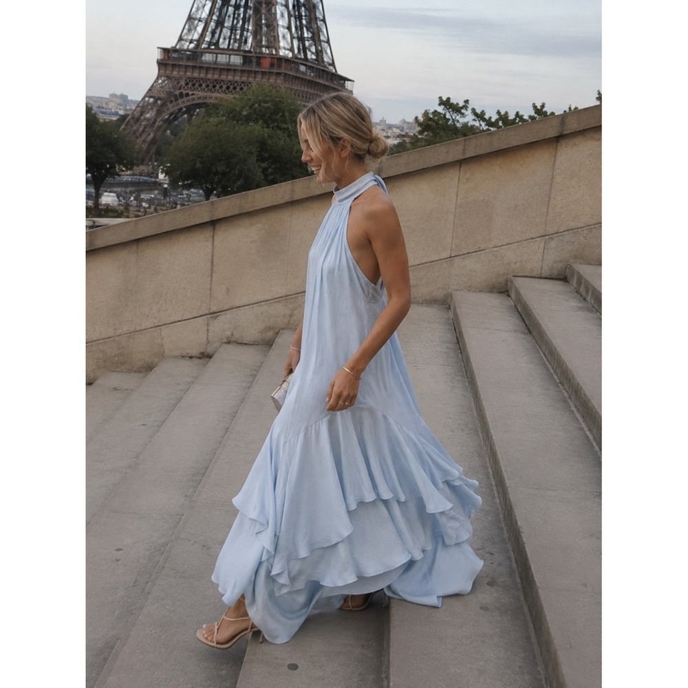 Elliatt Varella Halter Tiered Maxi Dress Light Blue Medium